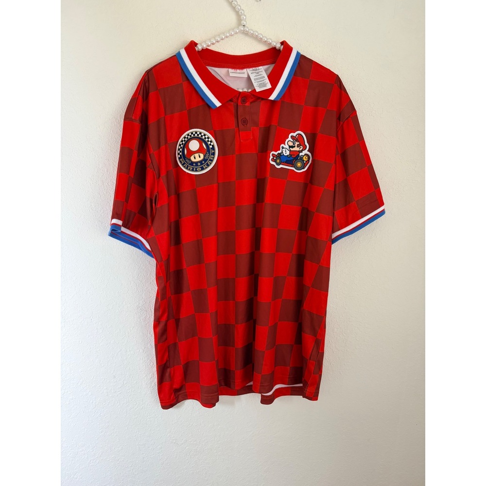 Nintendo Mario Kart Polo Shirt Large Red Checkered New Mario Mushroom Patches